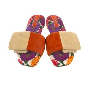 LA DOUBLEJ Gorgeous Bicolor Floral Suede Flat Slide Sandals